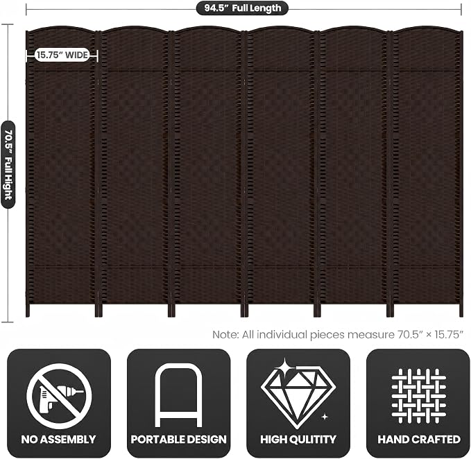 6 Panel Folding Room Divider, Woven Privacy Screen, Chocolate | Solid wood frame - Image 3