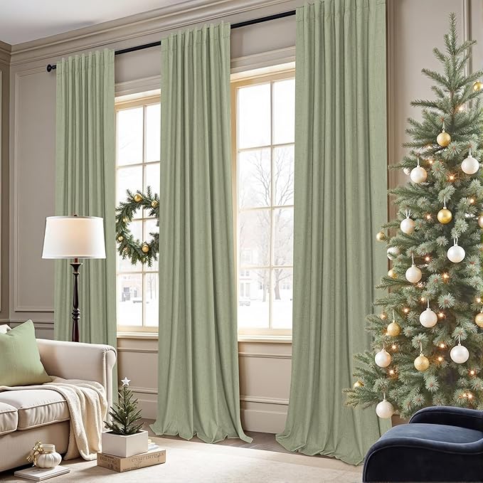 Sage Green Boho Blackout Curtains for Bedroom Window 84 Inch Length 2 Panels Set Linen Textured Thermal Insulated Dark Out Room Darkening Light Sage Curtain Drapes for Living Room 52x84 Long Christmas