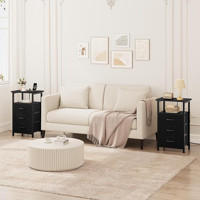 Nightstand Set of 2 with Charging Station, Bedside Table with USB Ports and - Image 2