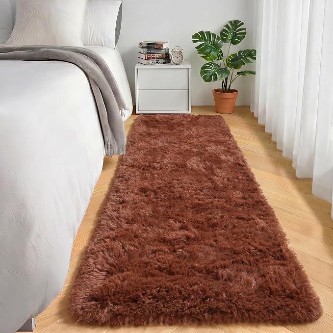 Brown Runner Rugs for Bedroom Living Room, Fluffy 2x6 Bedside Hallway Area Rug by ONASAR