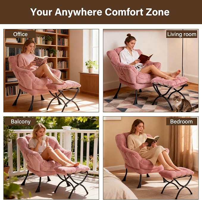 Welnow Lazy Chair with Ottoman, Reading Chair with Footrest, Plush Dark Pink | - Image 7