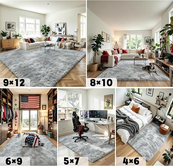 4x6 Area Rugs for Bedroom, Light Grey Tie-Dyed Fluffy Shag Bedside Rugs | - Image 6