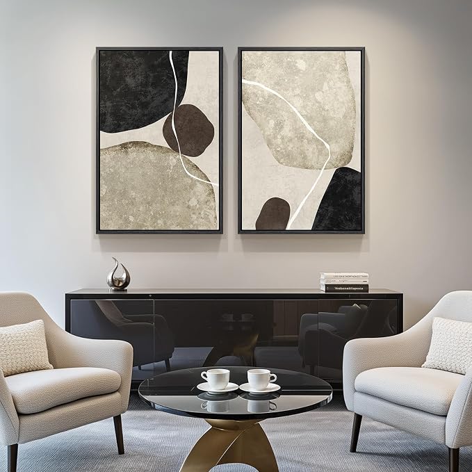 Large Framed Neutral Black Brown Abstract Wall Art - Image 5