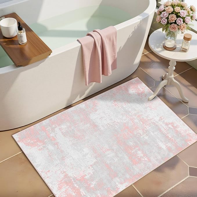 Latte&Fog Washable Entryway 2x3 Pink Area Rug Modern Abstract Kitchen Rug | Low - Image 3