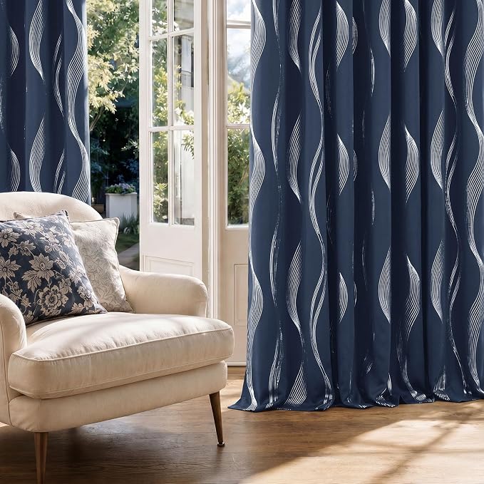 Deconovo Silver Foil Wave Pattern Total Blackout Curtain Panels, Living Room - Image 2