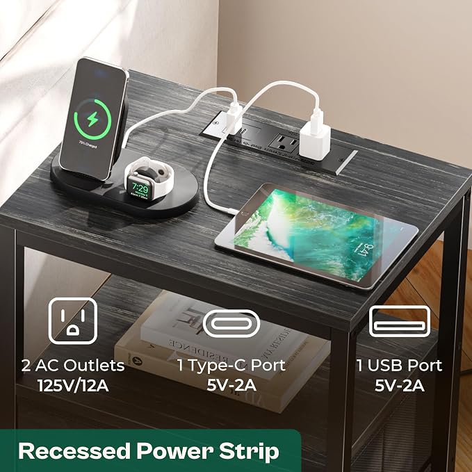 Huuger Nightstand with Charging Station, 27.6 Inch Bedside Table, Side Table | - Image 4