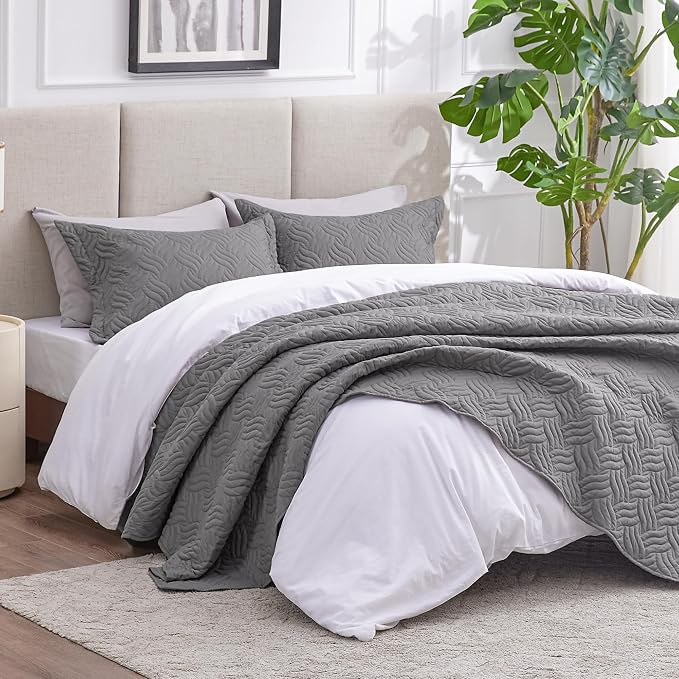 Love's cabin California King Size Quilt Bedding Set Grey Bedspread - Image 2
