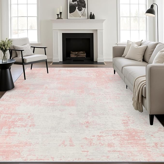 6x9 Area Rug Living Room: Modern Washable Soft Carpet Pink White | by FXRHLP