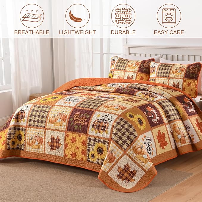 Anibedding 3Pieces Fall Patchwork Quilts King Size, Pumpkin Maple Leaves - Image 2