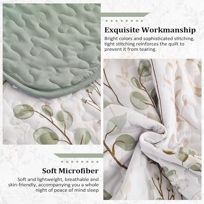 Anibedding Botanical Quilt Set Queen Size Sage Green Print Bedspreads | Green - Image 5
