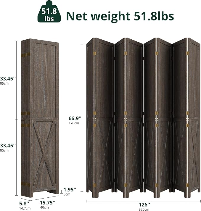 8 Panel Folding Room Divider, Solid Wood Privacy Screen, Freestanding Partition - Image 2