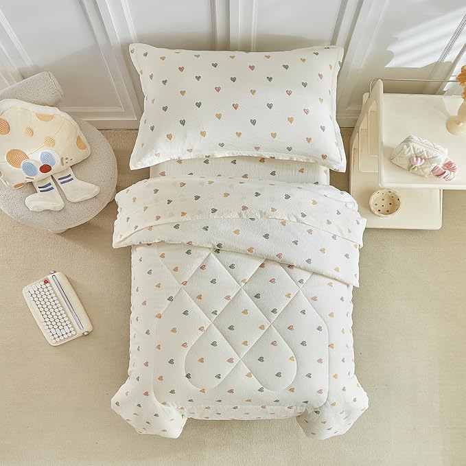 DuShow White Star Toddler Bedding Set,4 Pieces Reversible Toddler Comforter Set,Ultra Soft Crib Bed Set for Girls and Boys,Including Comforter,Sheets and Pillowcase