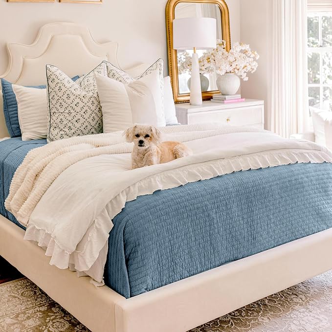 x Kinsey Walsh 100% Cotton Cross Stitch Quilt, Dusty Blue | 100% Cotton - Image 6