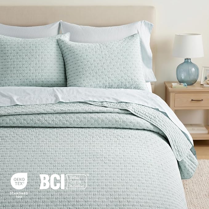 100% Cotton Cross Stitch 3-Piece Quilt Set, Seafoam Aqua | 100% Cotton - Image 4