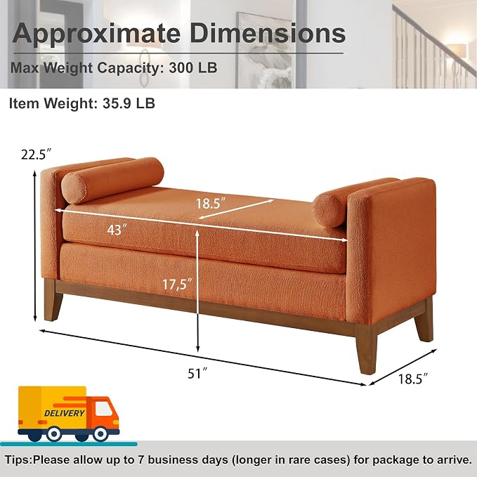 51" End of Bed Bench for Bedroom Living Room, Dark Orange. - Image 2