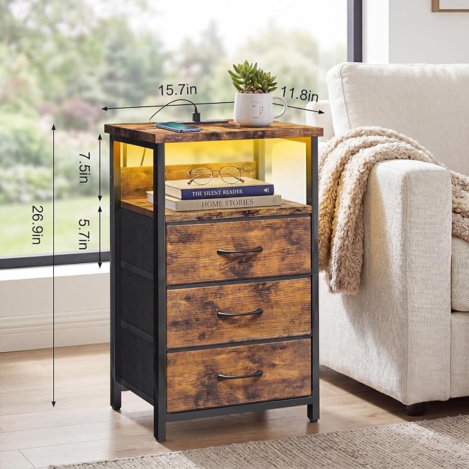 Fixwal Night Stand with 3 Fabric Drawers, Nightstand with Charging Station | - Image 3