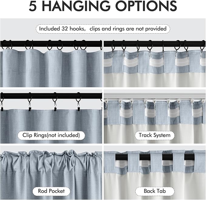 MIULEE 100% Blackout Back Tab Pleat Linen Curtains 50"Wx120"L, Chambray Blue | - Image 6