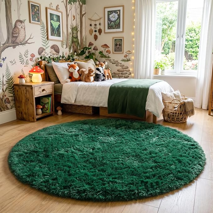 Amdrebio Dark Green Furry Round Circle Area Rug 5Ft - Image 5