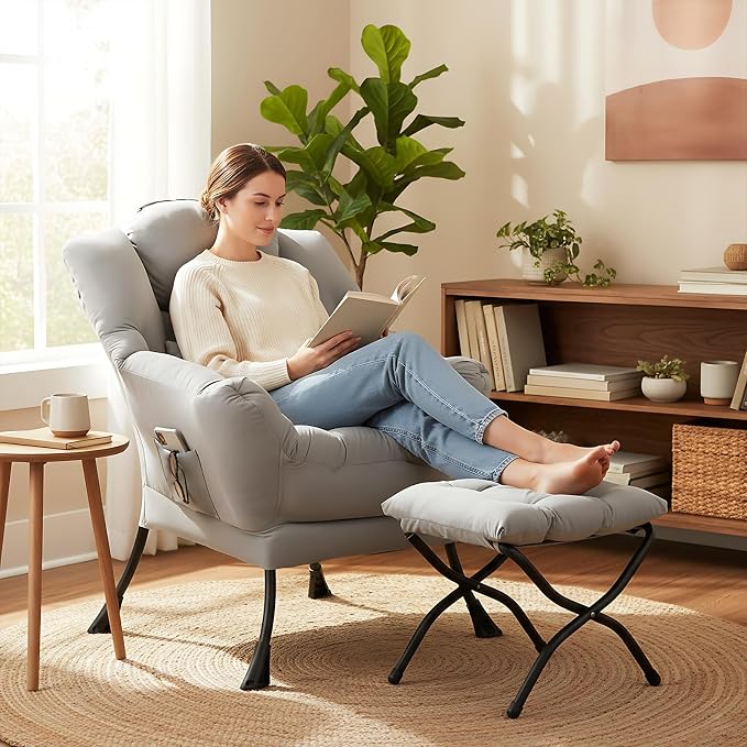 Furlide Lazy Chair with Ottoman, Modern Lounge Chair with Lumbar Pillow - Image 4