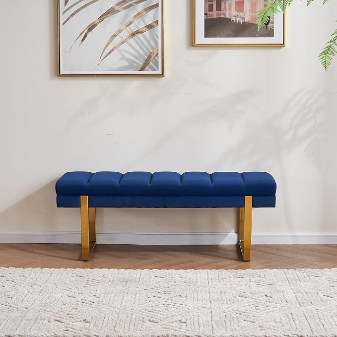 46" Velvet Navy Bench with Gold Legs - Image 5