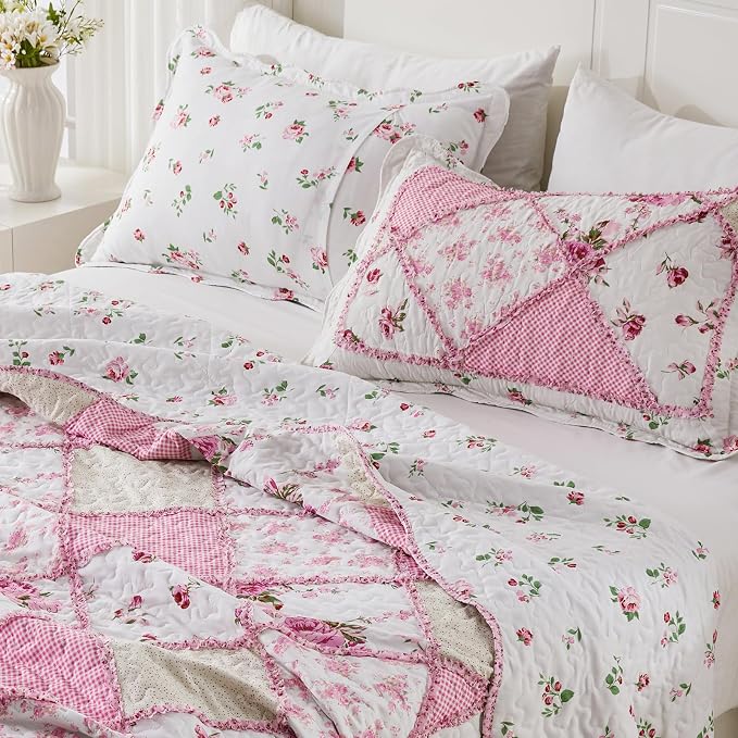 Oversized King Quilt Set Pink Floral Patchwork Alaska King Bedspreads Set | - Image 5
