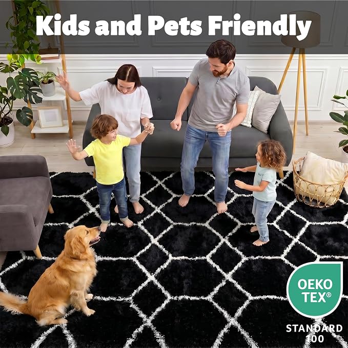 6x9 Area Rugs for Living Room Bedroom, Large Fluffy Black and White Throw Rug - Image 3