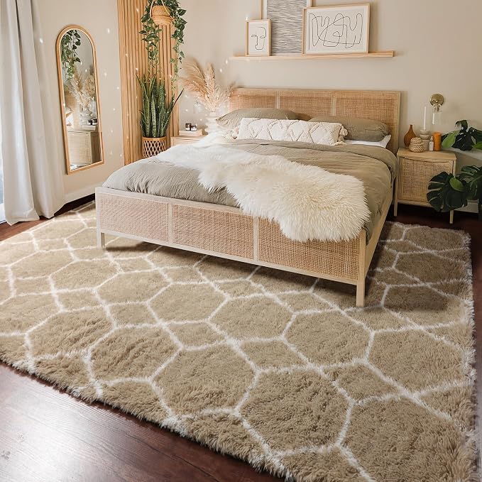 8x10 Area Rugs for Living Room, Fluffy Beige and White Bedroom Rug, Geometric - Image 5