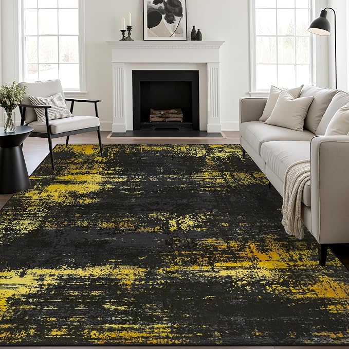 8x10 Area Rug Living Room: Modern Washable Soft Carpet Black Gold | by FXRHLP