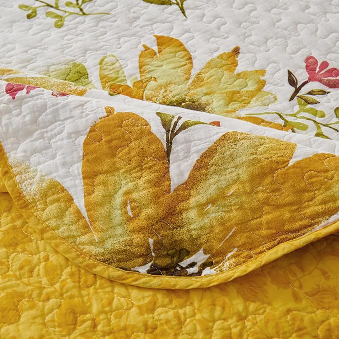 EVENHUG 100% Cotton Quilt King Size Yellow Sunflower Bedding Set Floral - Image 5