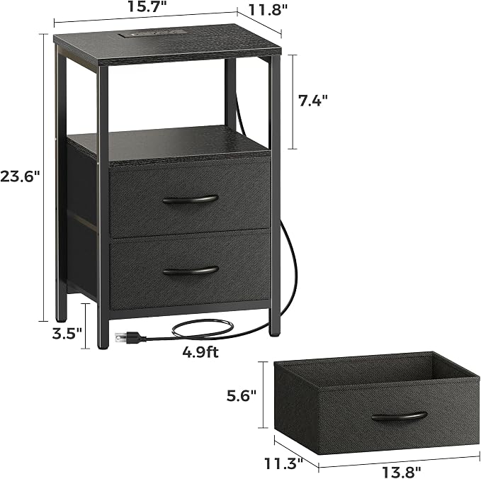 Huuger Nightstand with Charging Station, Side Table with Fabric Drawers | End - Image 3