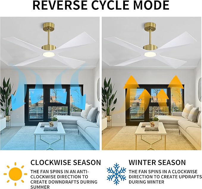 WINGBO 54" Wet Rated Outdoor Ceiling Fan with Lights, 4 ABS Plastic Blades, Reversible DC Motor, 6-Speed Remote Control, 3 CCT, Waterproof Ceiling Fan for Patio Porch Gazebo Garage, Brass and White