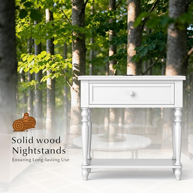 Solid Wood Nightstand with Charging Station, Traditional End Table with Drawers - Image 3