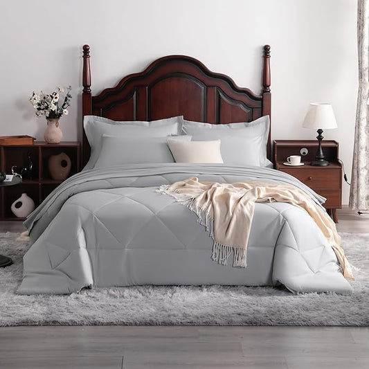 7-Piece Queen Comforter Set with Sheets – Soft and Breathable All-Season Queen Bed in a Bag, Down Alternative Comforter Set Solid Color All Season, Light Grey