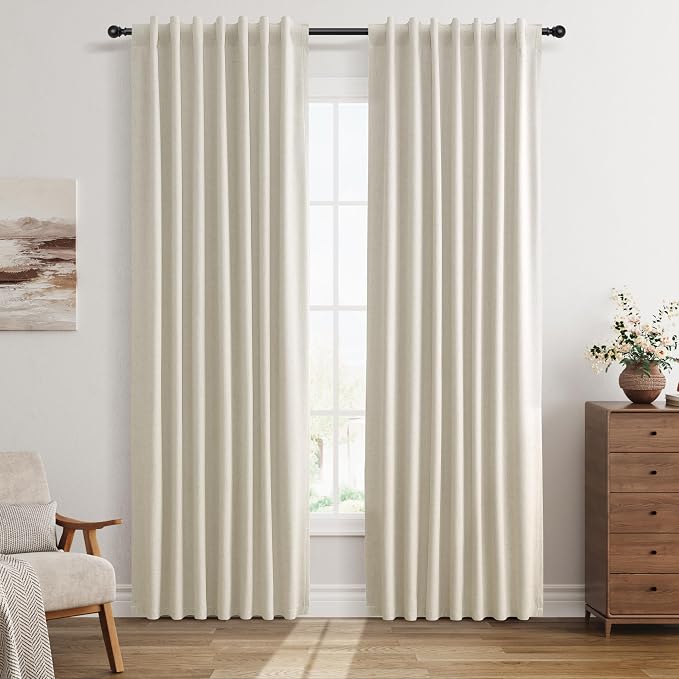 Warm Beige Linen 100% Blackout Curtains 84 Inch Length 2 Panels by Guken