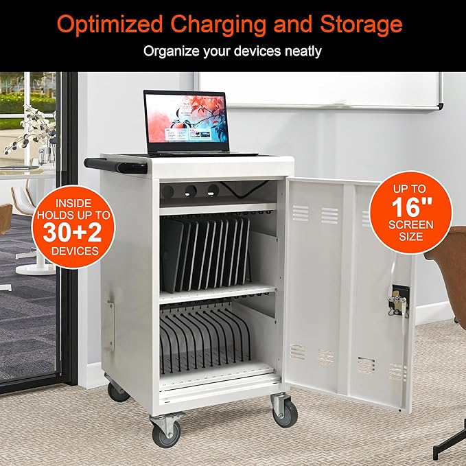 Aokleo Laptop Charging Cart,32 Devices Tablet Storage Carts for Pad Up to 16.3" Screen Size, Classroom Computer Mobile Charging Station for Pads,Chromebooks,Laptops,Security Storage (30+2 Bay-White)