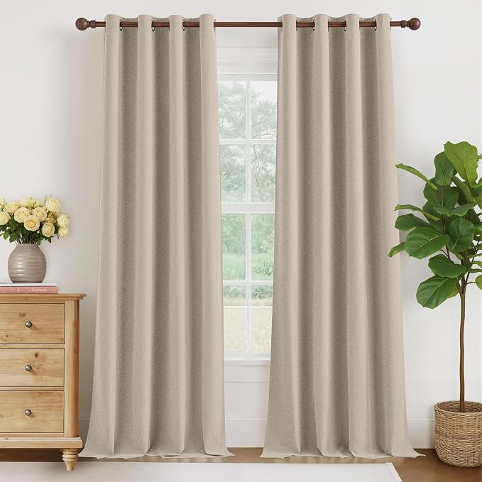 NICETOWN 100% Blackout Linen Curtains 96 inches Long, Crisp Faux Linen Curtains by NICETOWN