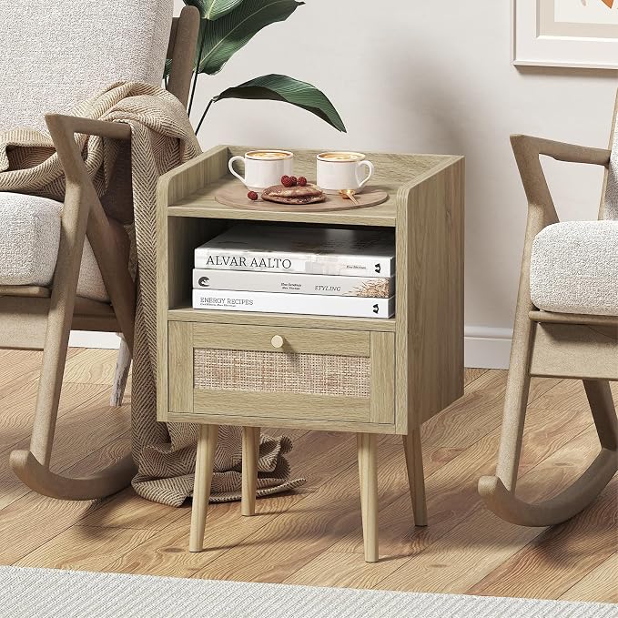 MECHYIN Night Stand with Charging Station & Rattan Decor Drawer, Boho Bedside - Image 6