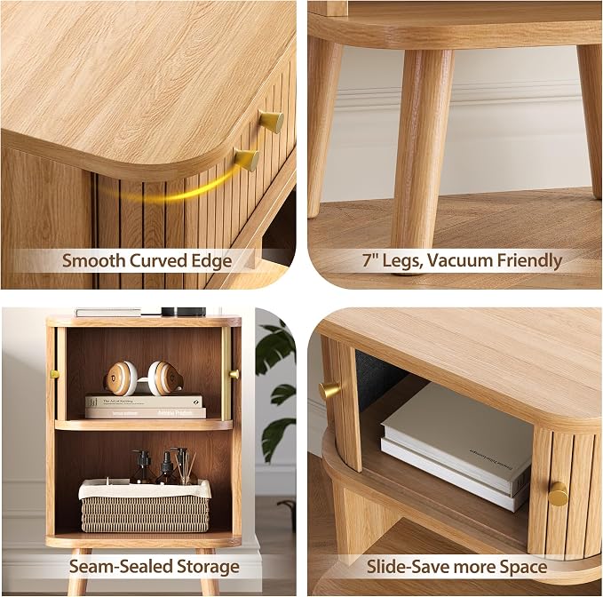 Decofy Fluted Nightstand with Charging Station & Sliding Door, Oak | Open Shelf - Image 6