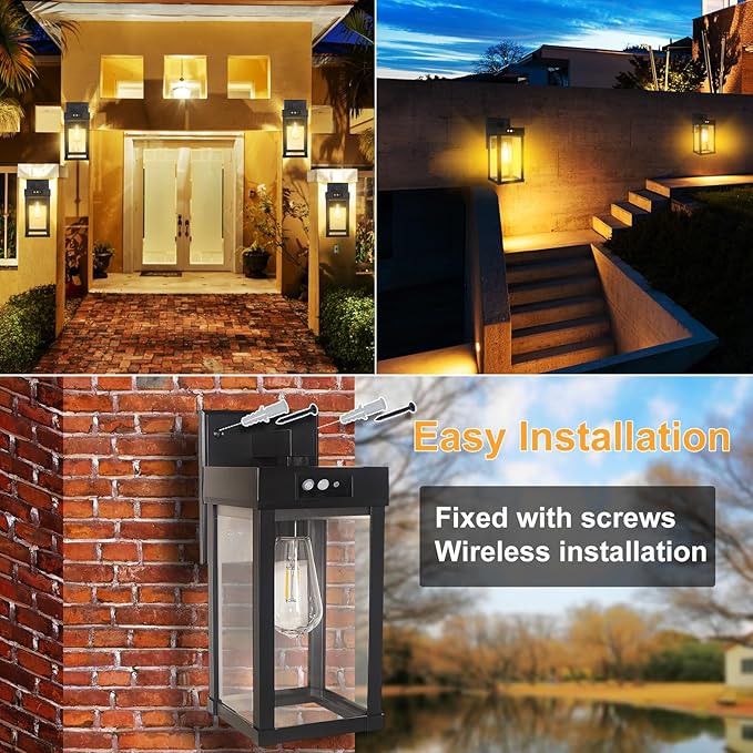CYHKEE 2 Pack Solar Wall Lights Outdoor Waterproof with 3 Lighting Modes & Motion Sensor, Dusk to Dawn Exterior Porch Light fixtures, Solar Wall Lantern Fixture for Garage Porch Yard Front Door