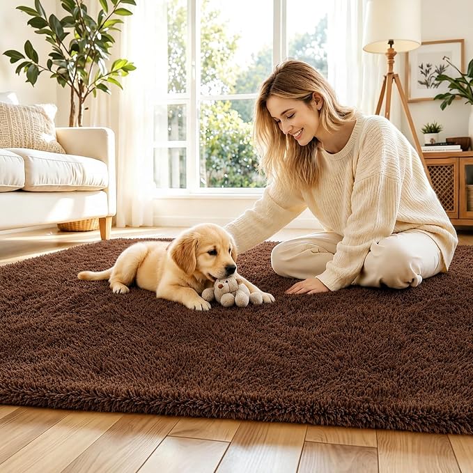 4x6 Area Rugs for Bedroom, Coffee Soft Fluffy Shag Bedside Rugs | Non-Slip - Image 2