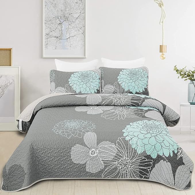 Yiran Grey Aqua Floral Quilt Set King Size, 3 Pieces Botanical Quilt Set | by Yiran