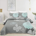 Yiran Grey Aqua Floral Quilt Set King Size, 3 Pieces Botanical Quilt Set | by Yiran