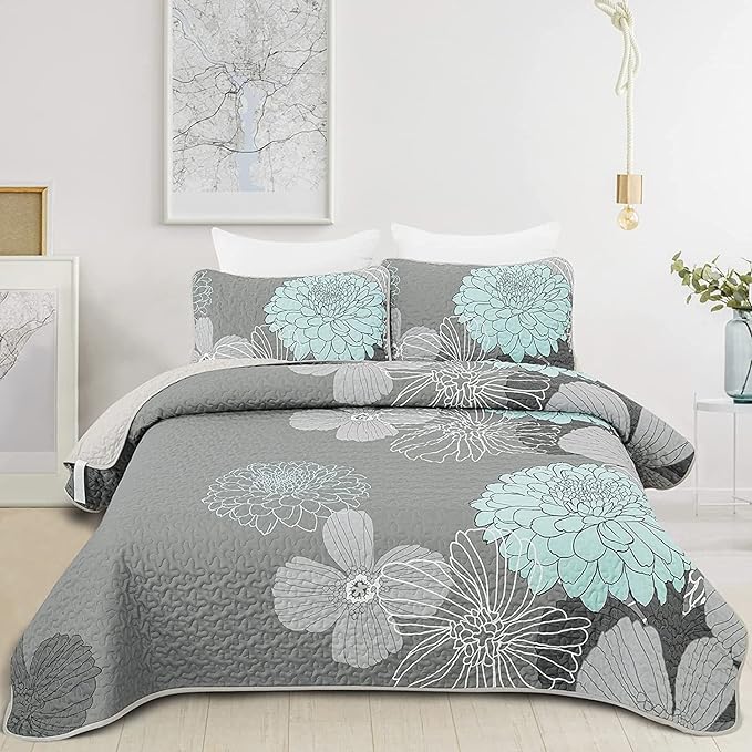 Yiran Grey Aqua Floral Quilt Set Queen Size 3 Pieces Botanical Quilt Set | by Yiran