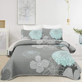 Yiran Grey Aqua Floral Quilt Set Queen Size 3 Pieces Botanical Quilt Set | by Yiran