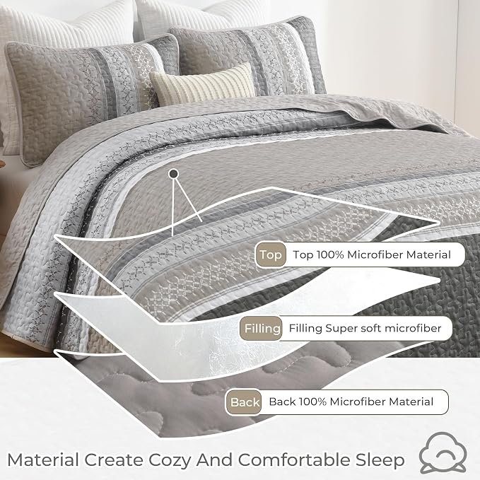 Cottolester Quilt Set King, Taupe Grey Striped Patchwork Bedspread | Modern - Image 3