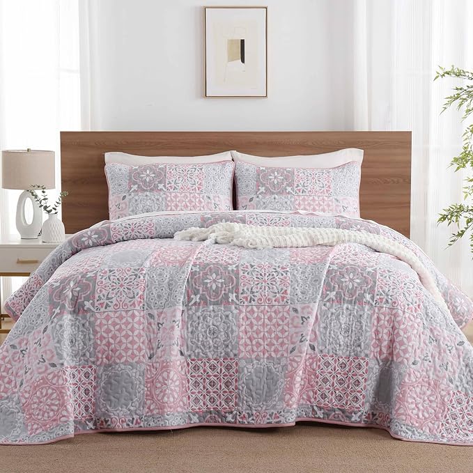 Pink Grey Quilt Set King Size, Boho Plaid Patchwork Bedspread Coverlet Set | - Image 2