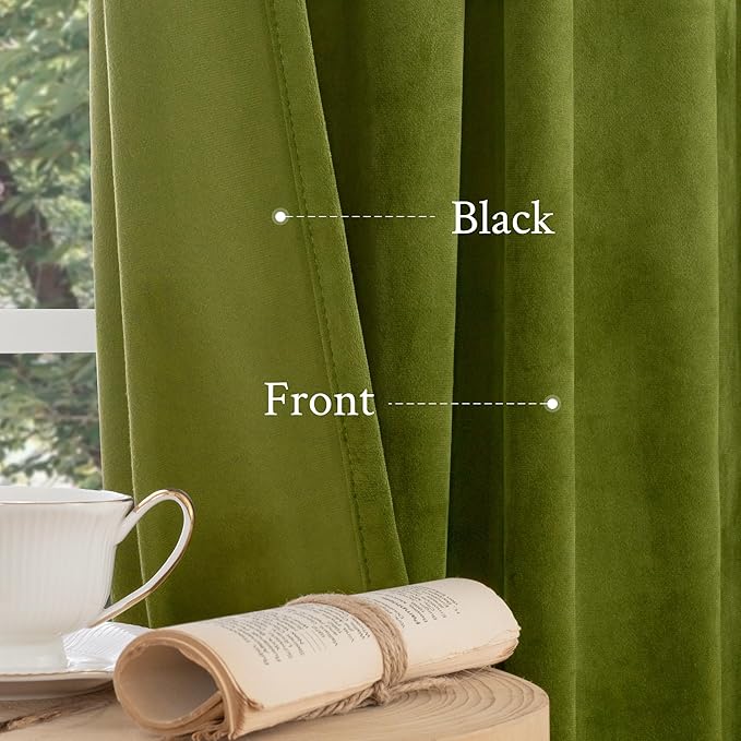 LAMIT Moss Green Velvet Blackout Curtains 84 Inch, Vintage Thermal Insulated Room Darkening Drapes for Living Room Back Tab and Rod Pocket Privacy Window Panels for Bedroom, 2 Panels, 52 x 84 Inch