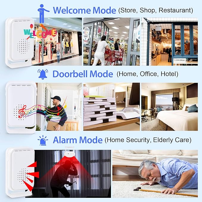 Motion Sensor Alarm Motion Detector Alarm Doorbell Indoor Alarms Business Door Entry Chime Multifunctional Door Alarms Wireless Detector with LED Indicator & Vibration (1 Sensor + 2 Receiver)