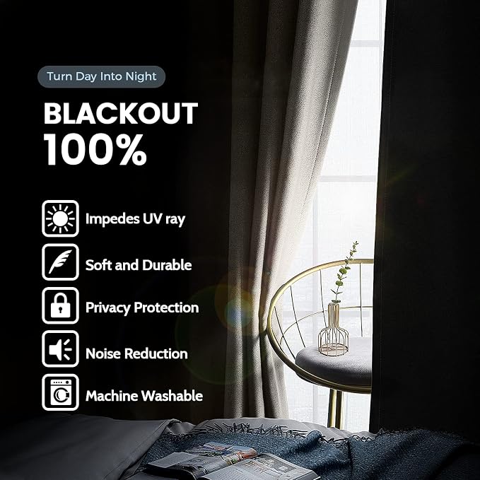 SimpleHome Natural 100% Blackout Curtains Room Darkening Living Room 72L | - Image 3