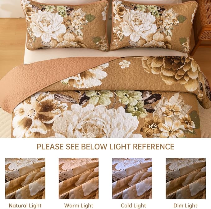 WONGS BEDDING Fall Brown Floral Quilt Set King, 3 Pieces Reversible Lightweight - Image 8